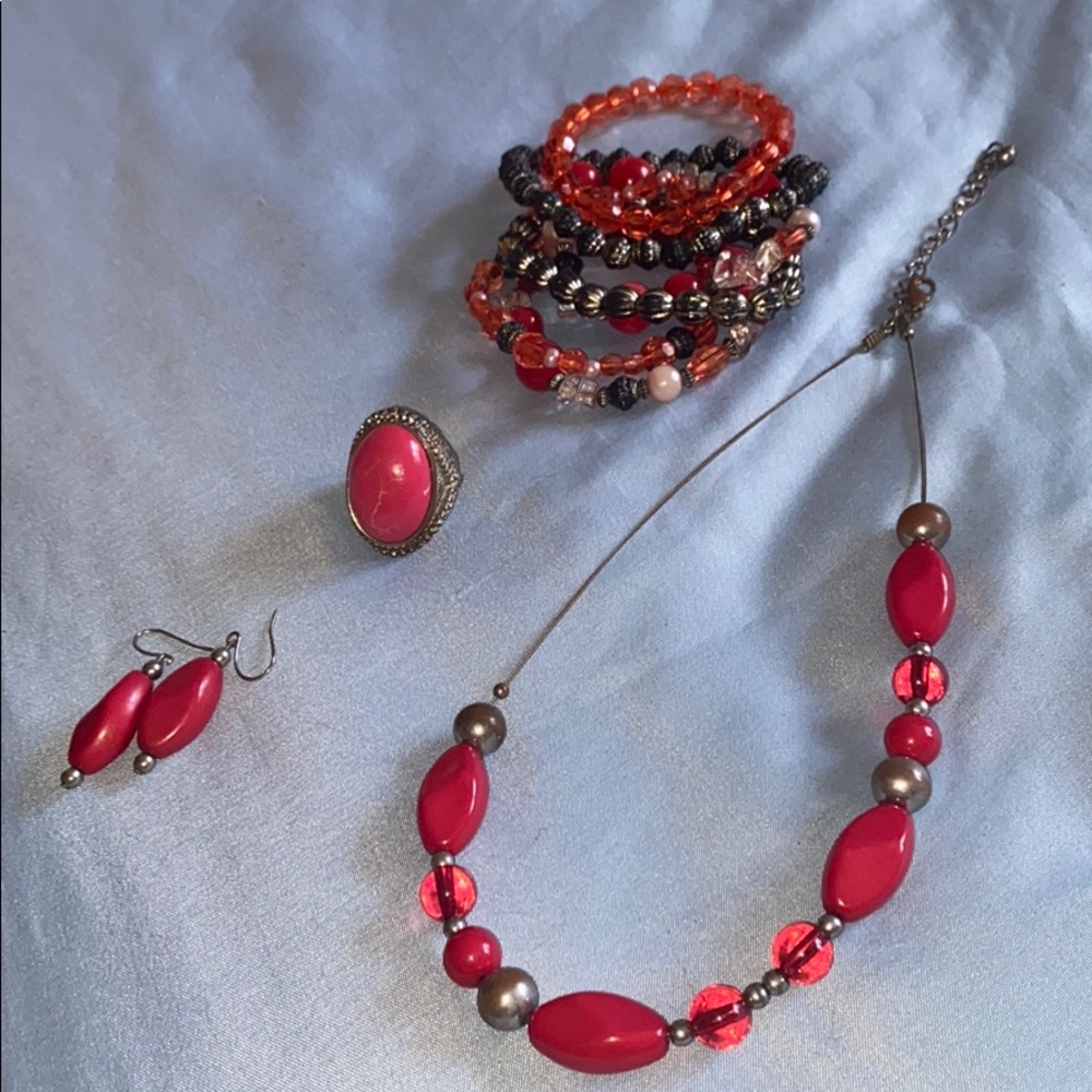 Necklace earrings multiple bracelet set